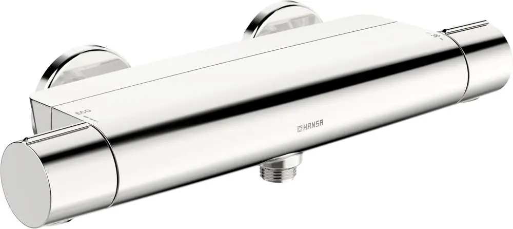 Chromierte Brausebatterie mit zwei Bedienelementen und Anschlusspunkt, gefertigt von HANSA. Modernes Design, geeignet für die Wandmontage in Badezimmern.